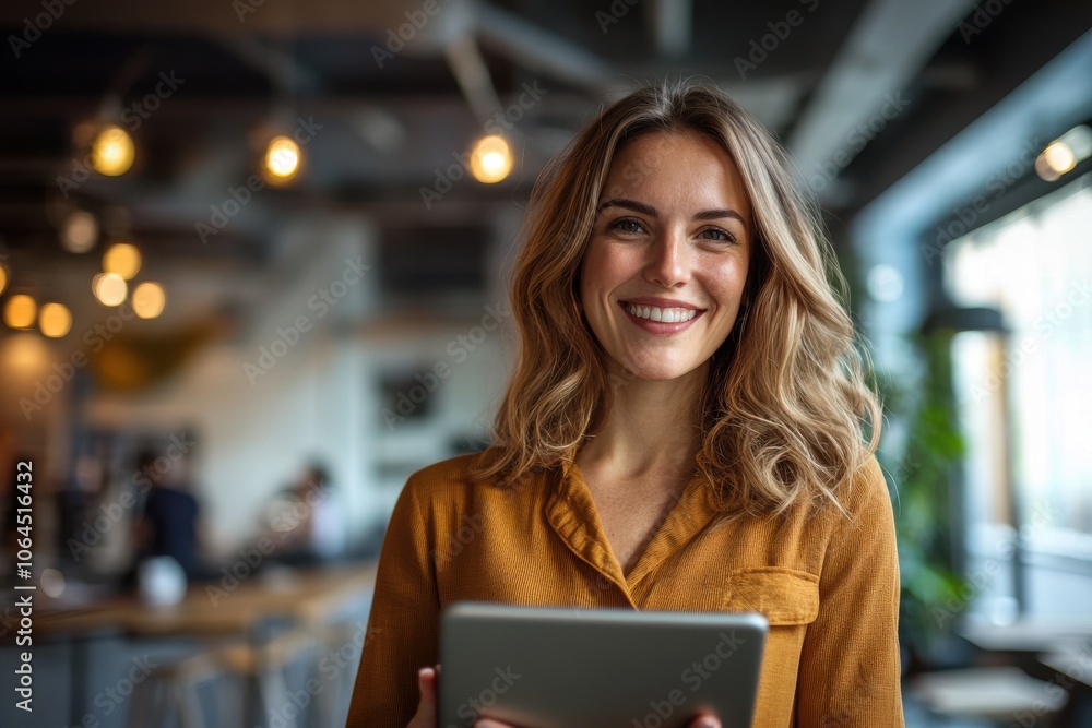 Fototapeta premium Portrait of happy businesswoman with touchpad in office looking at camera