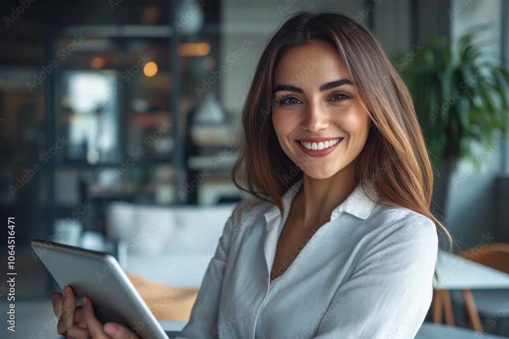Portrait of happy businesswoman with touchpad in office looking at camera Portrait of happy businesswoman with touchpad in office looking at camera