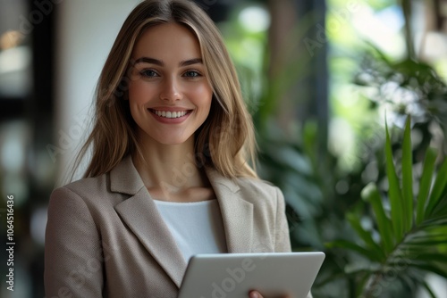 Portrait of happy businesswoman with touchpad in office looking at camera