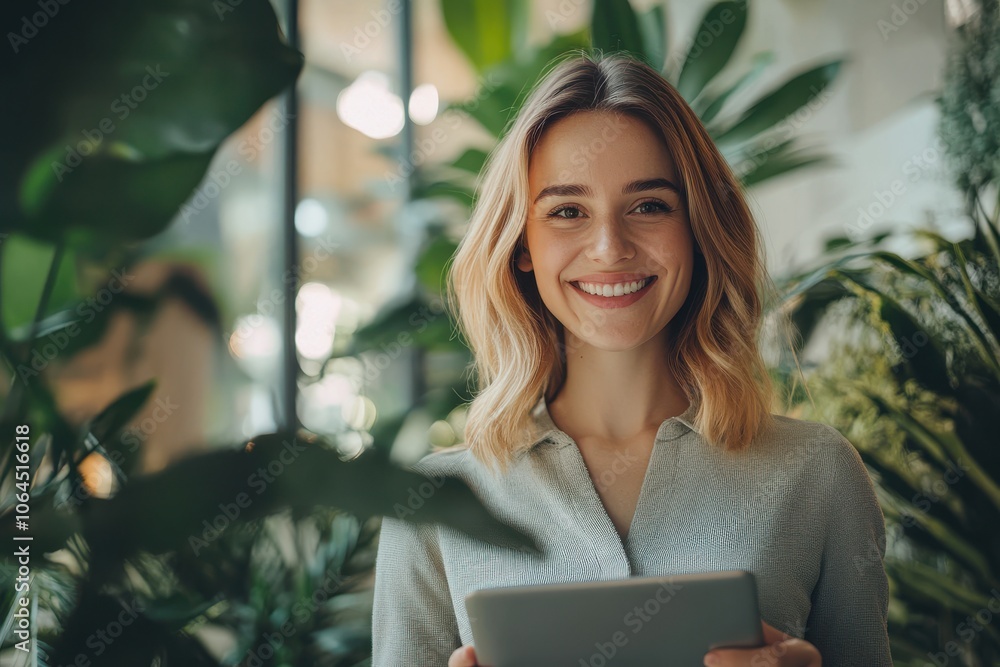 Portrait of happy businesswoman with touchpad in office looking at camera Portrait of happy businesswoman with touchpad in office looking at camera