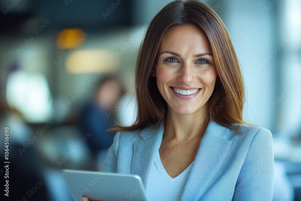 Portrait of happy businesswoman with touchpad in office looking at camera Portrait of happy businesswoman with touchpad in office looking at camera