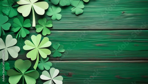St Patricks Day side border of paper shamrocks over a green wood background, Saint Patrick's Day, St patrick.