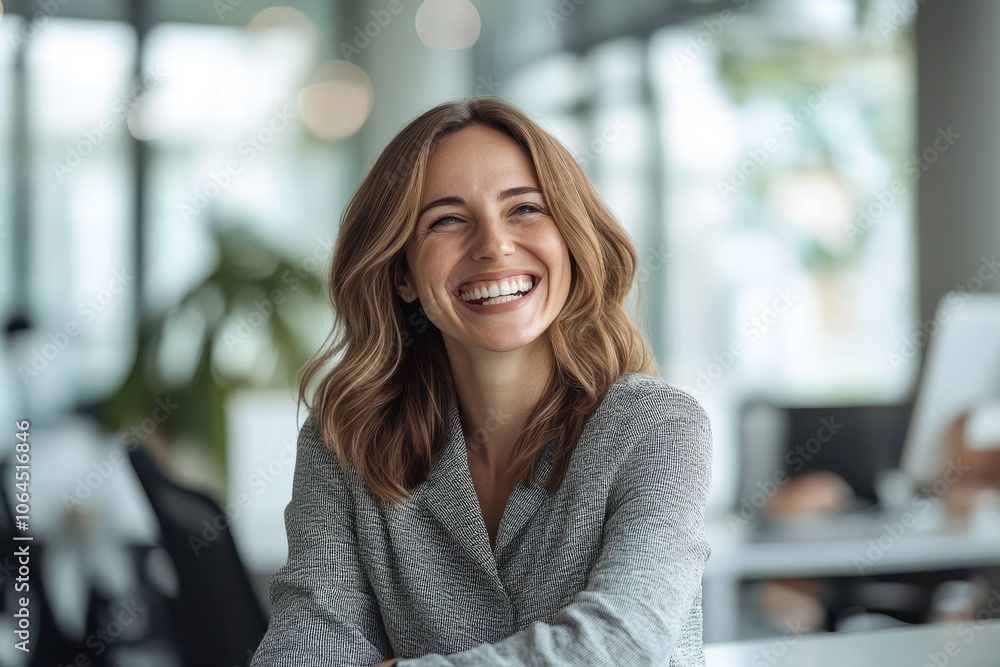 Portrait of laughing businesswoman sitting at desk in the office, Depth of field Portrait of laughing businesswoman sitting at desk in the office, Depth of field