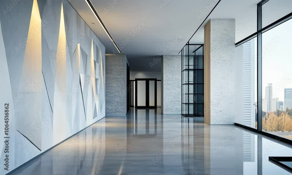 Modern interior hallway with sleek design and art displays. Modern interior hallway with sleek design and art displays.