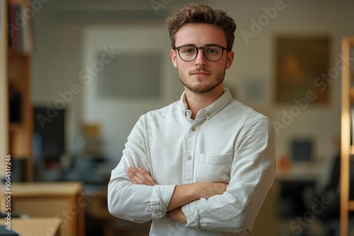 Portrait of young businessman standing in his office with arms crossed