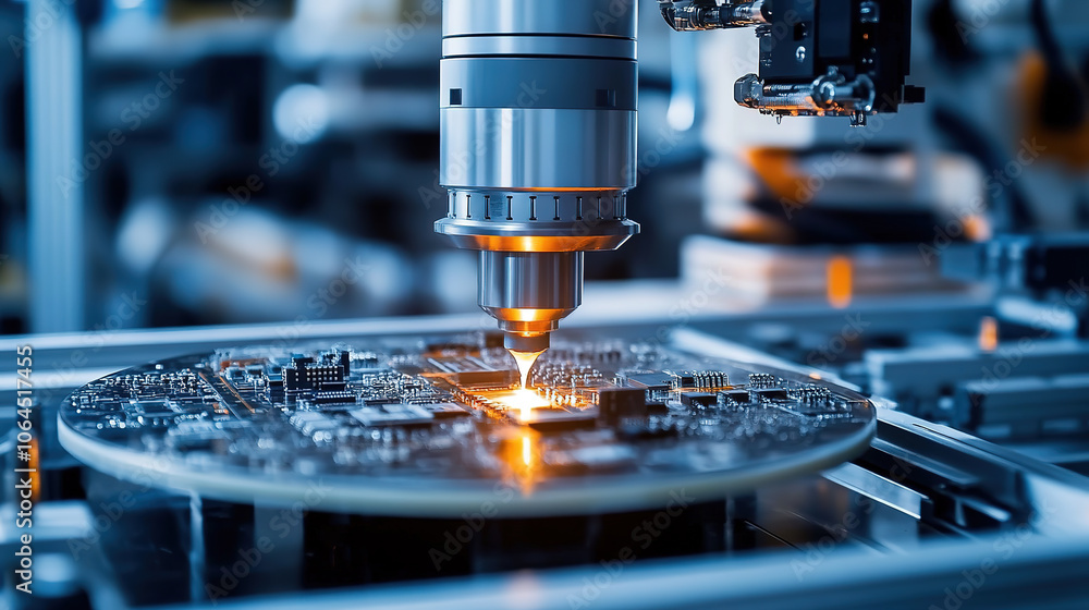 Close up of lithography machine and chip circuit board Close up of lithography machine and chip circuit board