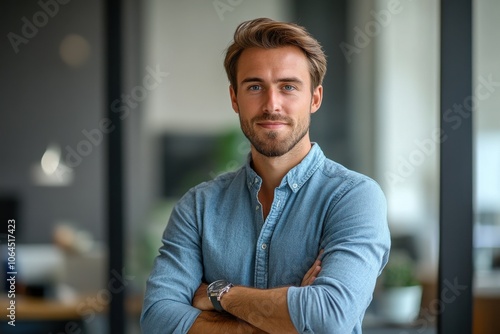 Portrait of young businessman standing in his office with arms crossed