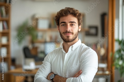 Portrait of young businessman standing in his office with arms crossed