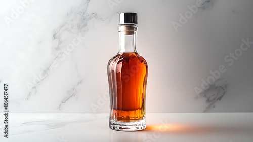 Glass Bottle of Brown Liquor on Marble Background