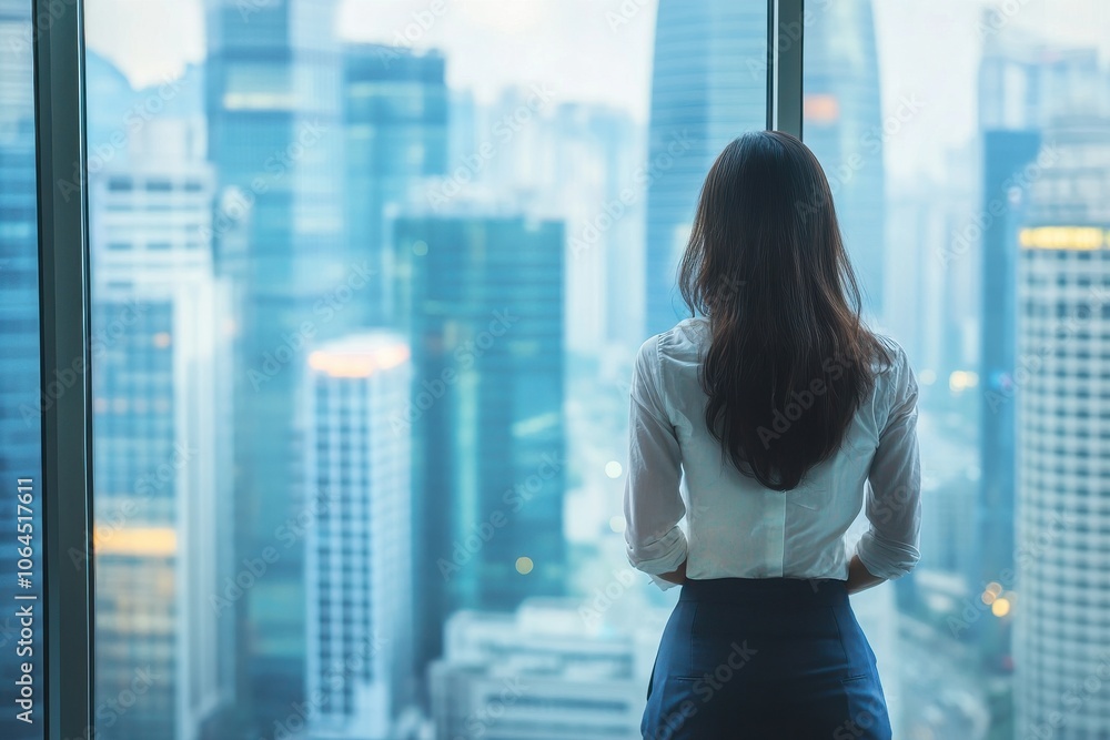 Fototapeta premium Professional business woman looking through window of her office skyscraper looking