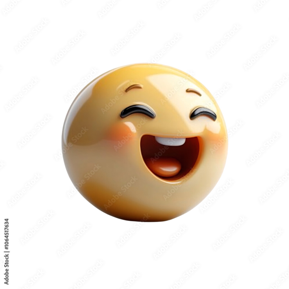Fototapeta premium A shiny, 3D-rendered emoji with a joyful, open-mouthed expression, rosy cheeks, and closed eyes, radiating happiness, set against a transparent background