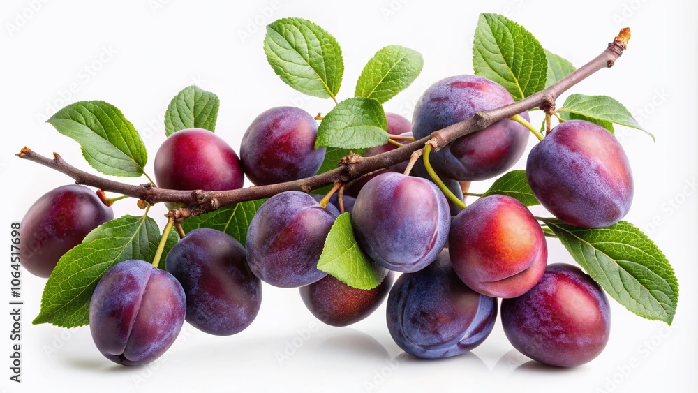 Fototapeta premium Silhouette Plum Branch, Ripe Fruit, White Background, Isolated, Minimalist