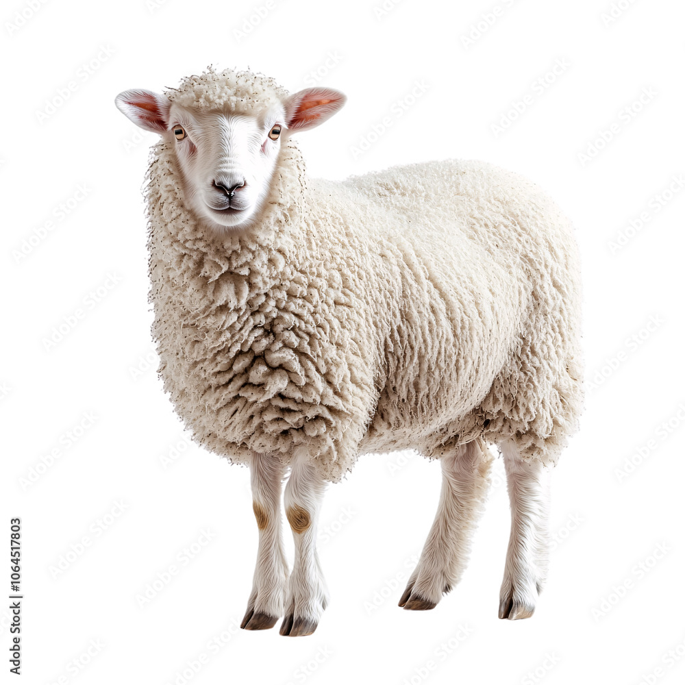 A white sheep shown from the side, displaying its dense, curly wool coat, conveying calmness and warmth, set against a transparent background A white sheep shown from the side, displaying its dense, curly wool coat, conveying calmness and warmth, set against a transparent background