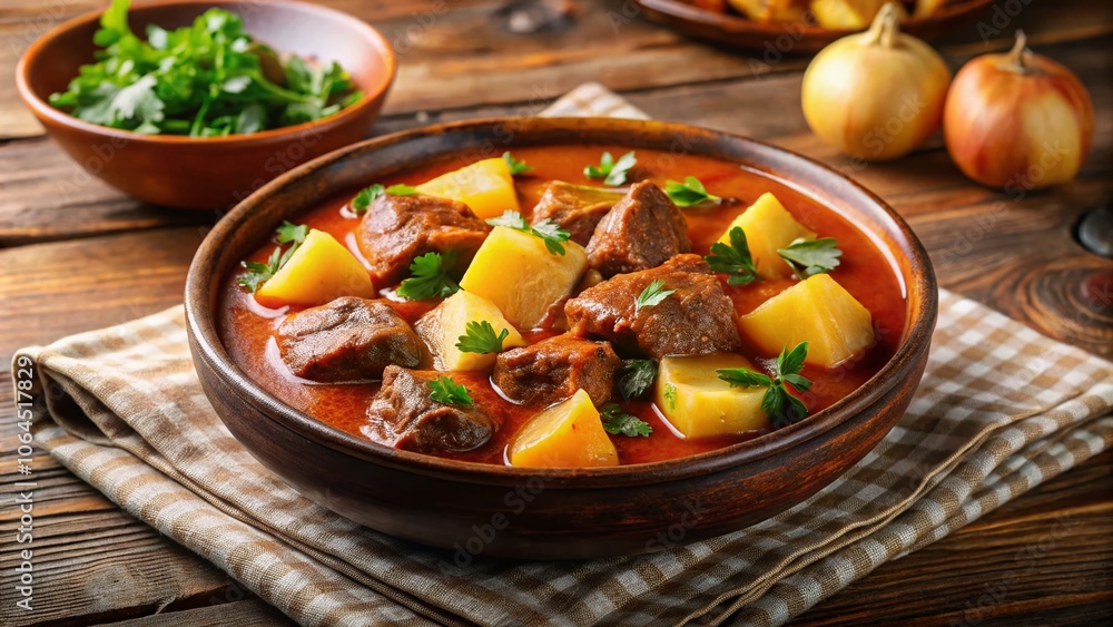 Simmered potatoes and meat, seasoned with Spanish herbs for a comforting stew. Simmered potatoes and meat, seasoned with Spanish herbs for a comforting stew.