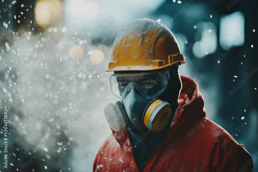 Obraz premium Professional construction worker wearing a high-grade dust mask, surrounded by lot of floating