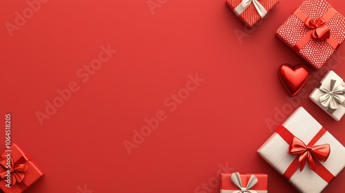 A festive display of beautifully wrapped gifts on a vibrant red background, ideal for holiday celebrations and giving joy.
