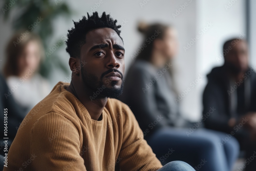 Sad anxiety depressed black man at support group meeting for mental health Sad anxiety depressed black man at support group meeting for mental health