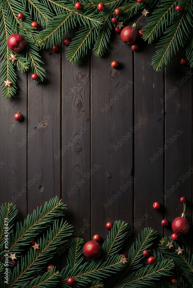 Christmas frame with fir branches, balls with empty space for text, greeting card, wooden background. Generative AI Christmas frame with fir branches, balls with empty space for text, greeting card, wooden background. Generative AI