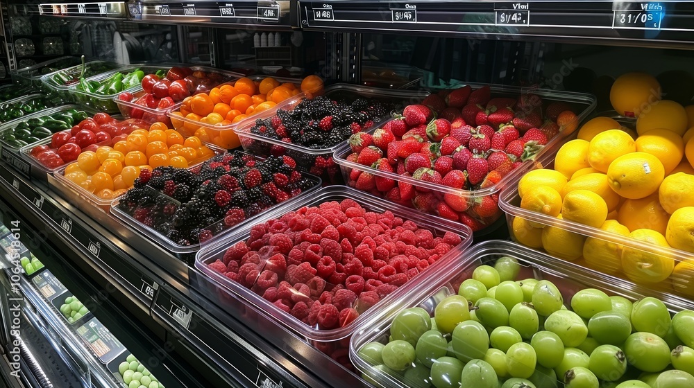 Colorful fruits and vegetables in the produce section of the grocery store Colorful fruits and vegetables in the produce section of the grocery store