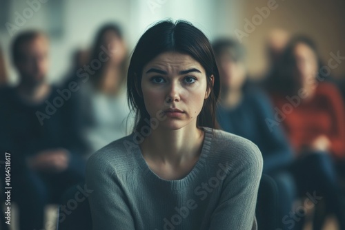 Sad depressed Woman at support group meeting for mental health and addiction issues