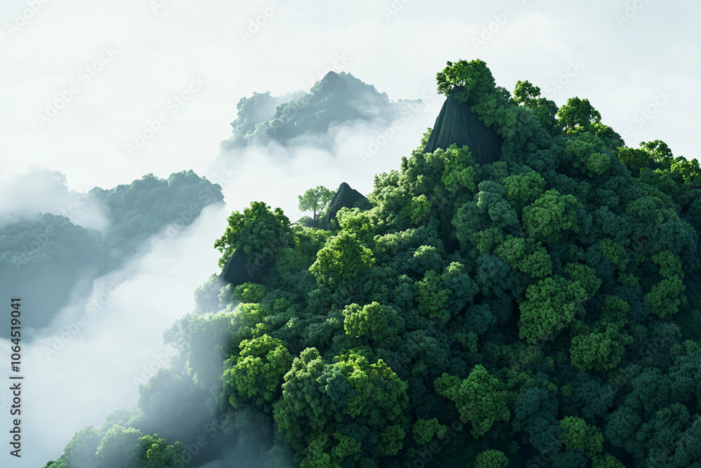 An aerial view of a lush rainforest with dense trees, a winding river and mist rising from the treetops. An aerial view of a lush rainforest with dense trees, a winding river and mist rising from the treetops.
