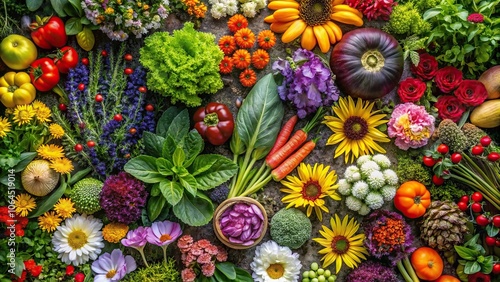 A sprawling garden with vibrant flowers, herbs, and vegetables arranged in a beautiful pattern, flower beds, garden layout, floral arrangements