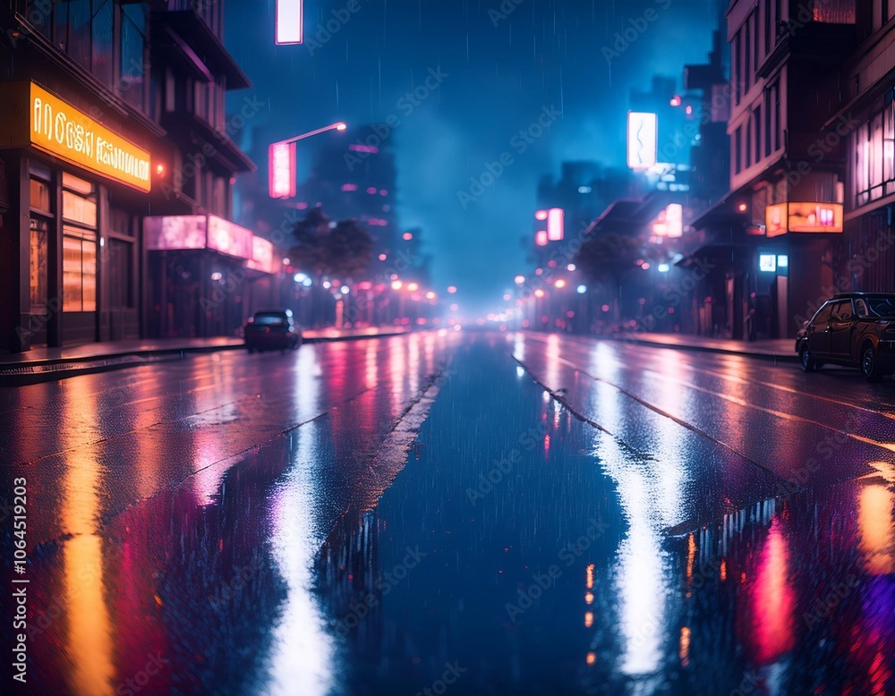 Futuristic and cyberpunk neon-lit city street with a rainy night atmosphere and vibrant colors Futuristic and cyberpunk neon-lit city street with a rainy night atmosphere and vibrant colors