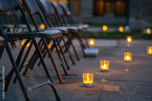a series of empty chairs and lit candles at a memorial site