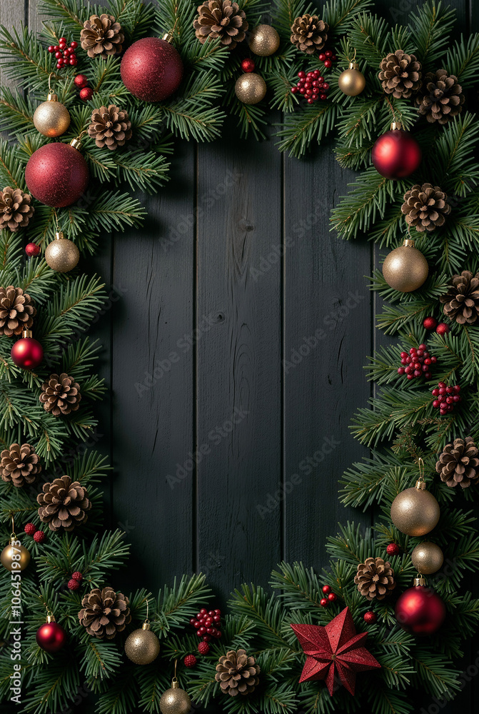 Christmas frame with fir branches, balls with empty space for text, greeting card, wooden background. Generative AI Christmas frame with fir branches, balls with empty space for text, greeting card, wooden background. Generative AI