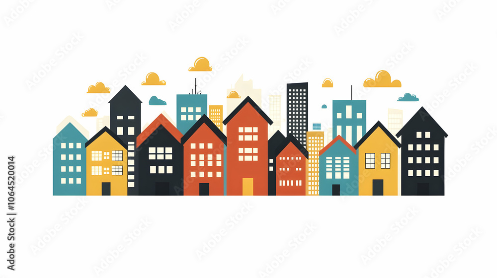 Simple illustration of a city skyline with colorful houses and buildings. Simple illustration of a city skyline with colorful houses and buildings.