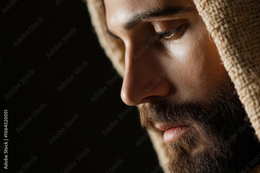 Obraz premium Close-up of a thoughtful man with a beard and head covering, dark background.