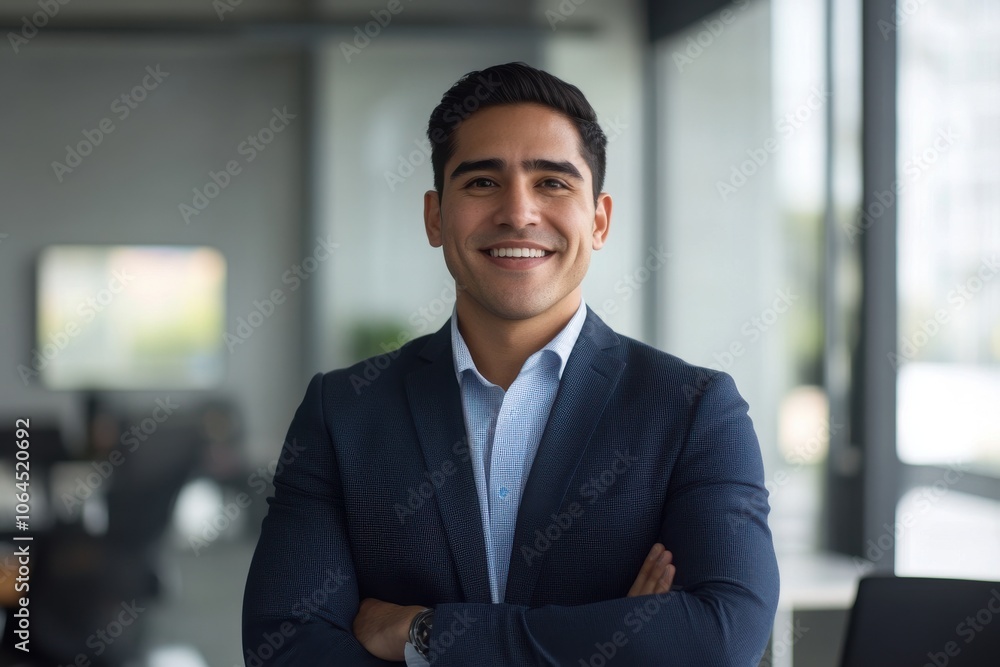 Smiling elegant confident young professional Latino hispanic business man , male proud leader Smiling elegant confident young professional Latino hispanic business man , male proud leader