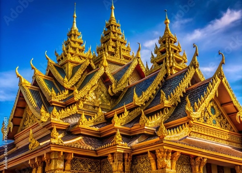 Thai temple roof, detailed close-up, golden panoramic view.