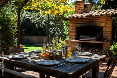 Outdoor dining table with brick barbecue and greenery