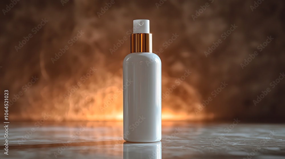 White Spray Bottle Mockup with Golden Cap on Marble Surface and Abstract Background White Spray Bottle Mockup with Golden Cap on Marble Surface and Abstract Background