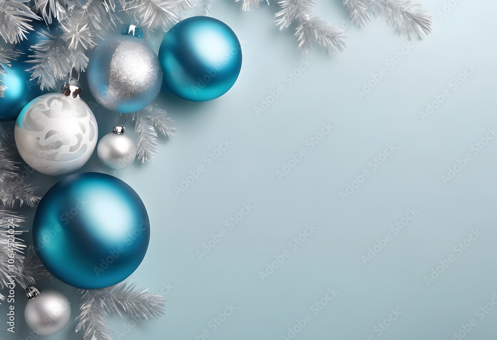 Festive Christmas background with blue and silver ornaments and snowflakes framing a blank space. Festive Christmas background with blue and silver ornaments and snowflakes framing a blank space.