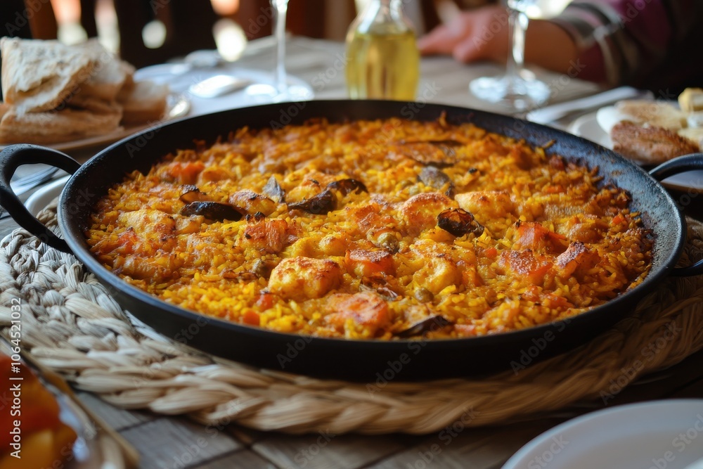 Spanish Paella dish on a table a Spain specialty rice dish originally from the Valencian Community Spanish Paella dish on a table a Spain specialty rice dish originally from the Valencian Community