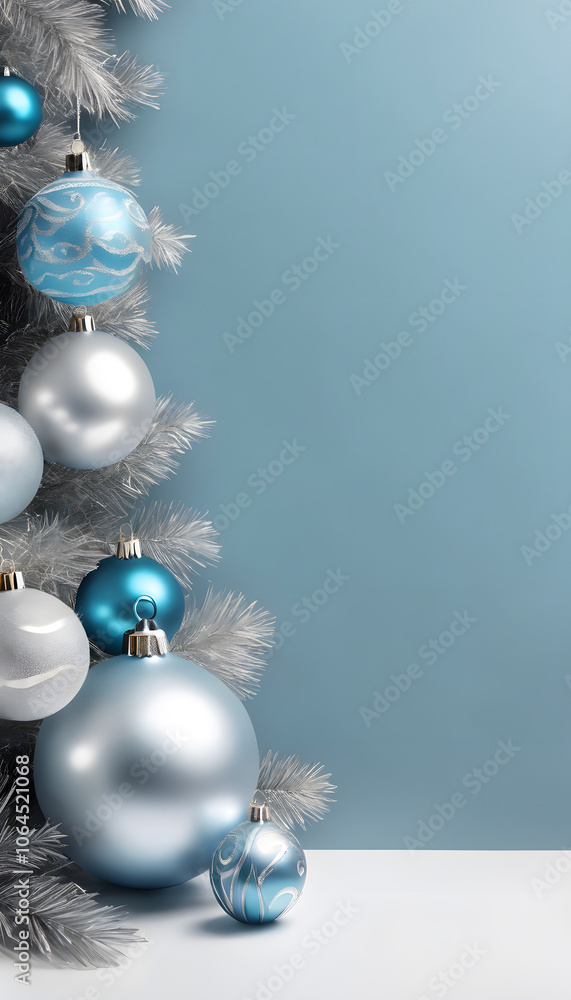Festive Christmas background with blue and silver ornaments and snowflakes framing a blank space. Festive Christmas background with blue and silver ornaments and snowflakes framing a blank space.