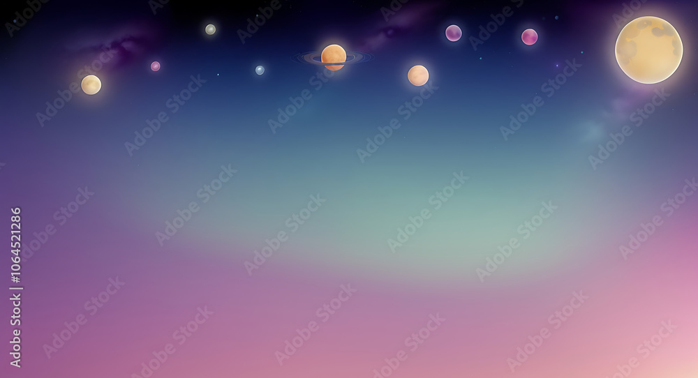 Naklejka premium Celestial-Themed Background with Stylized Stars, Moons, and Planets in a Dreamy Pastel Palette