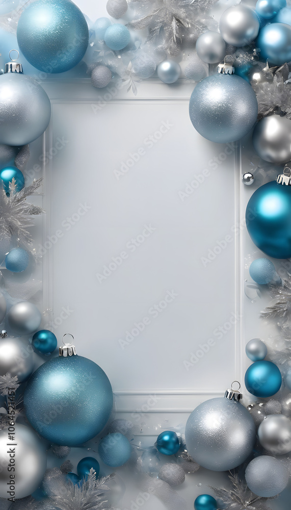 Festive Christmas background with blue and silver ornaments and snowflakes framing a blank space.