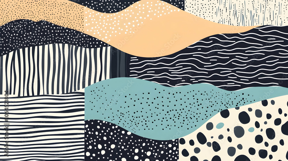 Abstract pattern with various shapes, lines, and textures in black, white, blue, and orange. Abstract pattern with various shapes, lines, and textures in black, white, blue, and orange.
