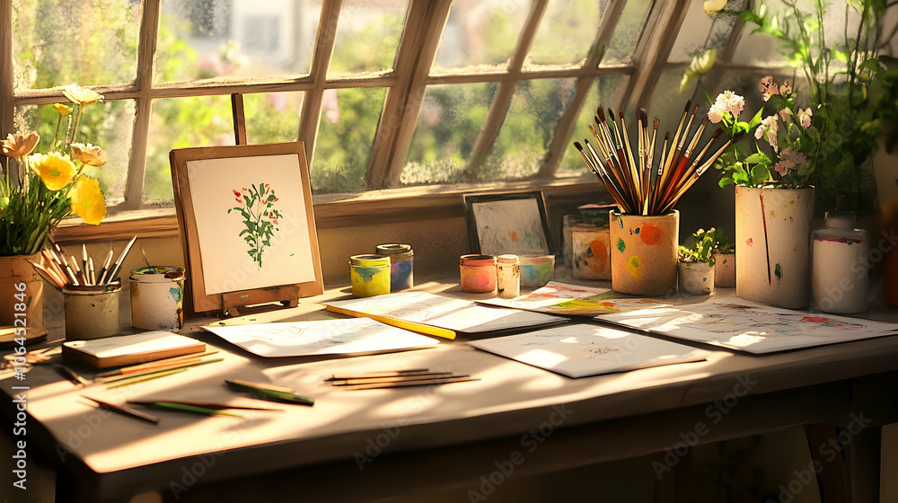 Artist's Workspace with Sunlight Streaming Through Window. Artist's Workspace with Sunlight Streaming Through Window.