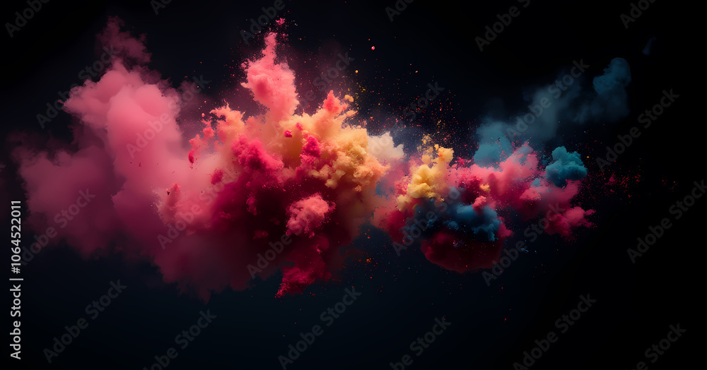 An abstract burst of colorful clouds in shades of pink, yellow, and blue against a dark background, creating a dynamic, cosmic-like explosion with fine particles. An abstract burst of colorful clouds in shades of pink, yellow, and blue against a dark background, creating a dynamic, cosmic-like explosion with fine particles.