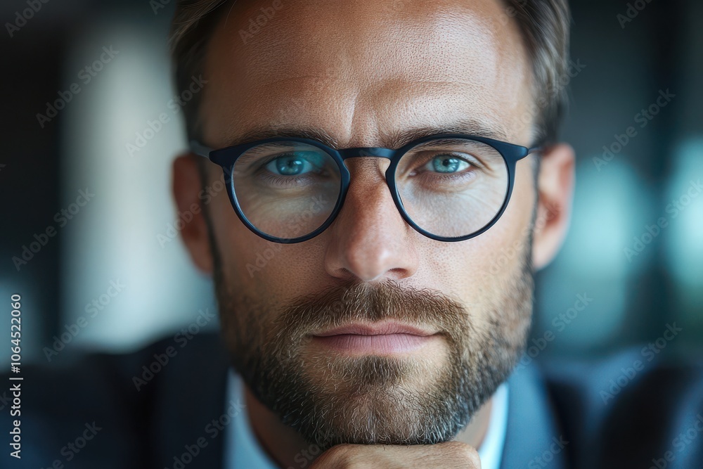 Thoughtful businessman scrutinising the camera Thoughtful businessman scrutinising the camera