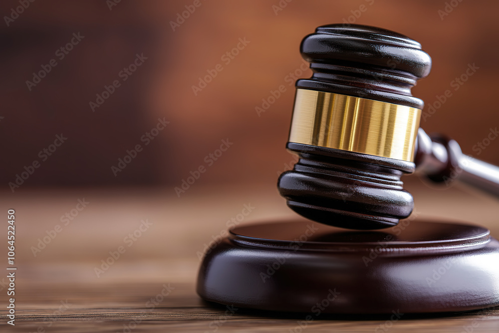 The gavel on the wooden table The gavel on the wooden table