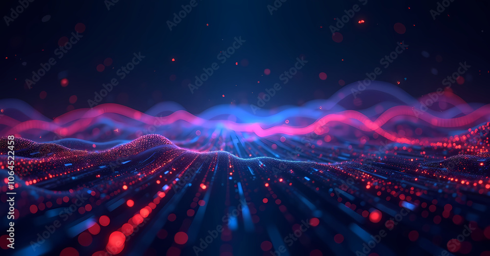 Obraz premium A vibrant digital wave landscape with red and blue light trails, creating a sense of futuristic movement and energy. The scene is filled with particles and depth.