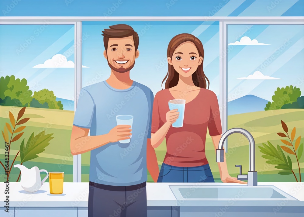 Obraz premium Two cheerful cartoon figures raise glasses of water, illustrating the importance of staying hydrated for overall well-being.