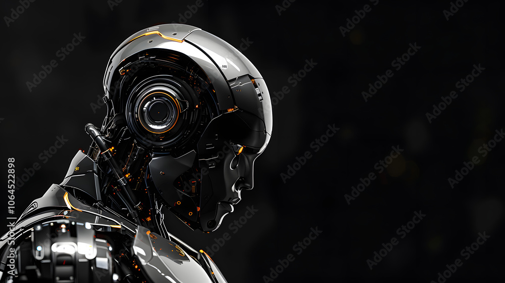 Robot isolated on solid black background, emphasizing shiny metal surface Robot isolated on solid black background, emphasizing shiny metal surface