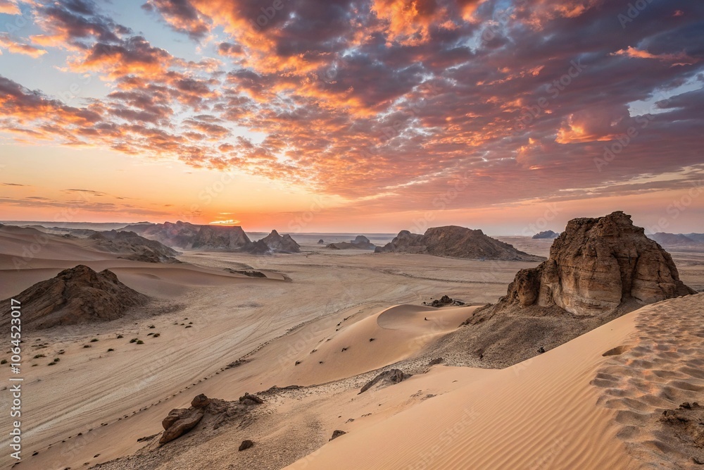 A vast desert landscape with a sunset sky, featuring sandy dunes and rock formations, stretching towards the horizon, sand dunes, desert sun, geological formations A vast desert landscape with a sunset sky, featuring sandy dunes and rock formations, stretching towards the horizon, sand dunes, desert sun, geological formations