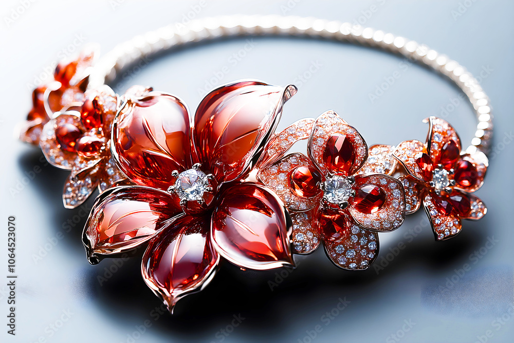 Elegant floral jewelry piece featuring vibrant red flowers adorned with sparkling gemstones on a sleek metallic band. Elegant floral jewelry piece featuring vibrant red flowers adorned with sparkling gemstones on a sleek metallic band.